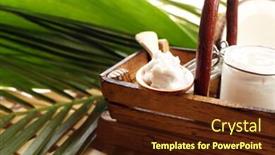  Presentation with coconut oil - Presentation design featuring jar of coconut oil with coconut and leaves on table close up background and a tawny brown colored foreground
