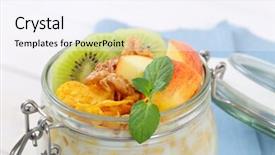  Presentation with corn flakes - Presentation theme having jar of corn flakes with milk and fresh fruit - close up background and a sky blue colored foreground