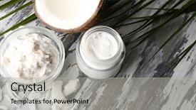  Presentation with coconut oil - Presentation theme featuring coconut with coconut oil in bowl with jar of cosmetic cream on wooden background background and a light gray colored foreground