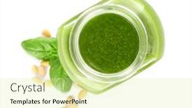  Presentation with sauce - Colorful presentation design enhanced with jar of delicious sauce with basil leaves and pine nuts on white background backdrop and a blonde colored foreground