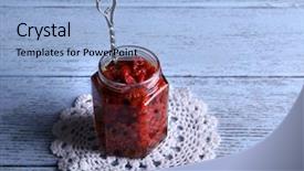  Presentation with goji - Audience pleasing presentation design consisting of jar-of-goji-berry-jam backdrop and a light blue colored foreground