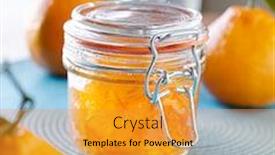  Presentation with lid - Presentation design consisting of jar of homemade orange jam with closed lid background and a gold colored foreground