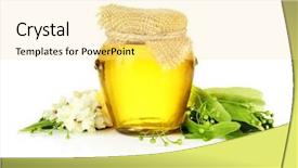  Presentation with lime - Theme enhanced with jar of honey with flowers of acacia and lime isolated on white background and a blonde colored foreground