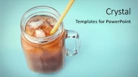  Presentation with straw - Audience pleasing slide set consisting of jar of iced coffee with milk and straw on blue background backdrop and a arctic colored foreground