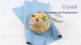  Presentation with granola - Cool new presentation theme with jar of morning granola with hazelnuts raisins and cranberries on blue place mat backdrop and a sky blue colored foreground