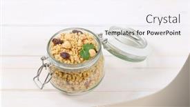  Presentation with granola - Colorful slides enhanced with jar of morning granola with hazelnuts raisins and cranberries on white background backdrop and a sky blue colored foreground