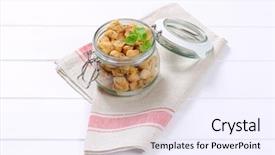  Presentation with soy - Colorful slide set enhanced with jar of soy meat cubes backdrop and a sky blue colored foreground