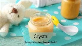  Presentation with baby food - Presentation design featuring jar of tasty baby food background and a teal colored foreground