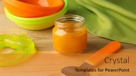  Presentation with baby food jar - Slide set with jar of tasty baby food on wooden table background and a gold colored foreground