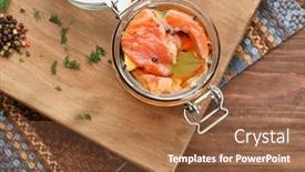  Presentation with salmon - Theme enhanced with jar with delicious marinated salmon on table background and a tawny brown colored foreground