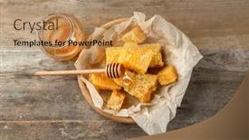  Presentation with honey - PPT theme with jar with sweet honey and combs on wooden table background and a coral colored foreground
