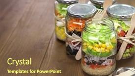  Presentation with salad - Slide set with jars - homemade healthy salad in glass background and a tawny brown colored foreground