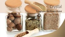  Presentation with cumin cumin cumin - Slides with jars and wooden spoons with parsley nutmeg and cumin isolated on white background and a coral colored foreground