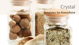  Presentation with cumin - Amazing presentation design having jars and wooden spoons with parsley nutmeg and cumin isolated on white backdrop and a lemonade colored foreground