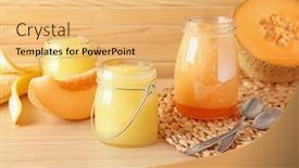  Presentation with melon - Audience pleasing theme consisting of jars-of-fresh-melon-smoothie backdrop and a yellow colored foreground