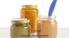  Presentation with white healthy food - Audience pleasing PPT layouts consisting of jars with healthy baby food on white background backdrop and a yellow colored foreground