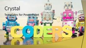  Presentation with wooden toy - Colorful presentation design enhanced with java programming - team of robit toy coders backdrop and a light gray colored foreground