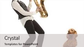  Presentation with guide dog helping blind woman - Audience pleasing slides consisting of jazz age - busker musician woman backdrop and a light gray colored foreground