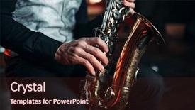  Presentation with jazz - Audience pleasing presentation theme consisting of jazz man hands holding saxophone backdrop and a wine colored foreground