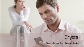  Presentation with phone - Slides with suspicion - jealous woman looking at her background and a light gray colored foreground