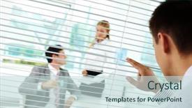  Presentation with seeing through fog - PPT layouts with jealousy - businessman looking through blinds background and a soft green colored foreground
