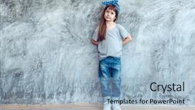  Presentation with kids fashion - Amazing presentation design having fashion child wearing blank gray t-shirt and jeans posing against rough concrete wall minimalist street fashion kids style backdrop and a light blue colored foreground