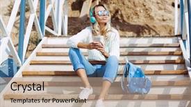  Presentation with weekend - PPT layouts with jeans relaxing and listening music background and a coral colored foreground