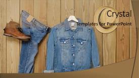  Trousers PPT template - Amazing slide set having jeans shirt with blue jeans trousers shoe - wooden background backdrop and a coral colored foreground