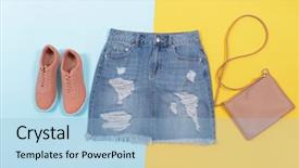  Presentation with football in yellow and blue - Beautiful presentation theme featuring jeans shorts with shoes hanbag backdrop and a  colored foreground