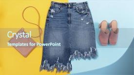  Presentation with blue and yellow music - Colorful slide deck enhanced with jeans shorts with shoes hanbag backdrop and a ocean colored foreground