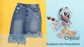  Presentation with blue yellow - Slide set featuring jeans skirt with shoes scarf background and a sky blue colored foreground