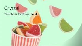  Presentation with sweet candy - PPT theme consisting of jelly-sweets-colorful-candies-slices background and a soft green colored foreground