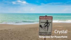  Presentation with jellyfish - Presentation theme featuring jellyfish warning sign at beach background and a coral colored foreground