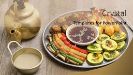  Presentation with korean foods - Presentation theme having jeon-korean-piccata-traditional-festival background and a coral colored foreground