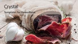  Presentation with beef jerky - Presentation theme consisting of jerked beef on wooden plate background and a soft green colored foreground