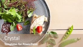  Presentation with restaurant menu - Cool new PPT theme with jerked-duck-smoked-cream-cheese backdrop and a coral colored foreground