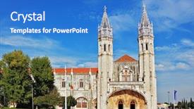 Presentation with towers - PPT theme with jeronimos monastery on the bank of the river tagus in lisbon two slender towers topped by crosses background and a teal colored foreground