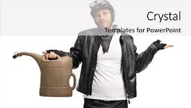  Presentation with gas - Audience pleasing PPT layouts consisting of jerry cans - disappointed biker holding an empty backdrop and a white colored foreground