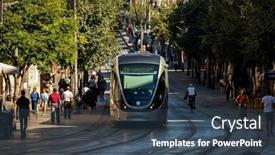  Presentation with tram - Presentation design with jerusalem-israel-july-14-2019 background and a ocean colored foreground