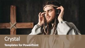  Presentation with jesus christ - Presentation design featuring jesus christ listening to music background and a violet colored foreground
