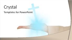  Presentation with female - Audience pleasing theme consisting of jesus open hands - female hand presenting against white backdrop and a  colored foreground