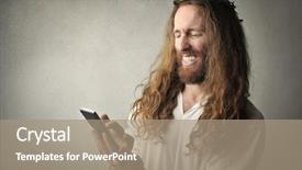  Presentation with smartphone - PPT theme having jesus using a smartphone background and a coral colored foreground