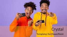  Presentation with african violet - Audience pleasing presentation theme consisting of jeux en ligne - two excited african man friends backdrop and a gold colored foreground