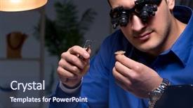  Presentation with workshop - PPT theme featuring jeweler working in his workshop background and a ocean colored foreground