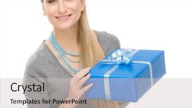  Presentation with blue ribbon - Cool new presentation theme with jewellery box - young happy woman hold blue backdrop and a  colored foreground