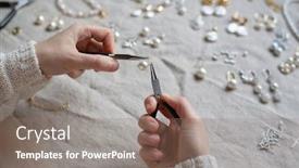  Presentation with jewelry - Audience pleasing presentation design consisting of jewelry-designer-working-in-studio backdrop and a coral colored foreground