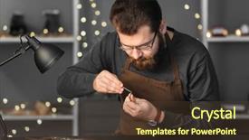  Presentation with workshop - Presentation theme enhanced with jewelry manufacturing - jeweler working in workshop background and a tawny brown colored foreground