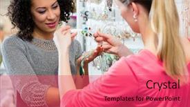  Presentation with choosing life partner - Cool new slide deck with jewelry showroom - two cheerful friends choosing jewellery backdrop and a red colored foreground