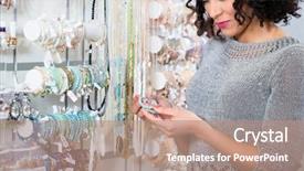  Presentation with jewelry - Theme with jewelry showroom - young woman looking at trinket background and a coral colored foreground