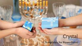  Presentation with hanukkah - Audience pleasing PPT layouts consisting of jewish woman - people giving presents for hanukkah backdrop and a coral colored foreground